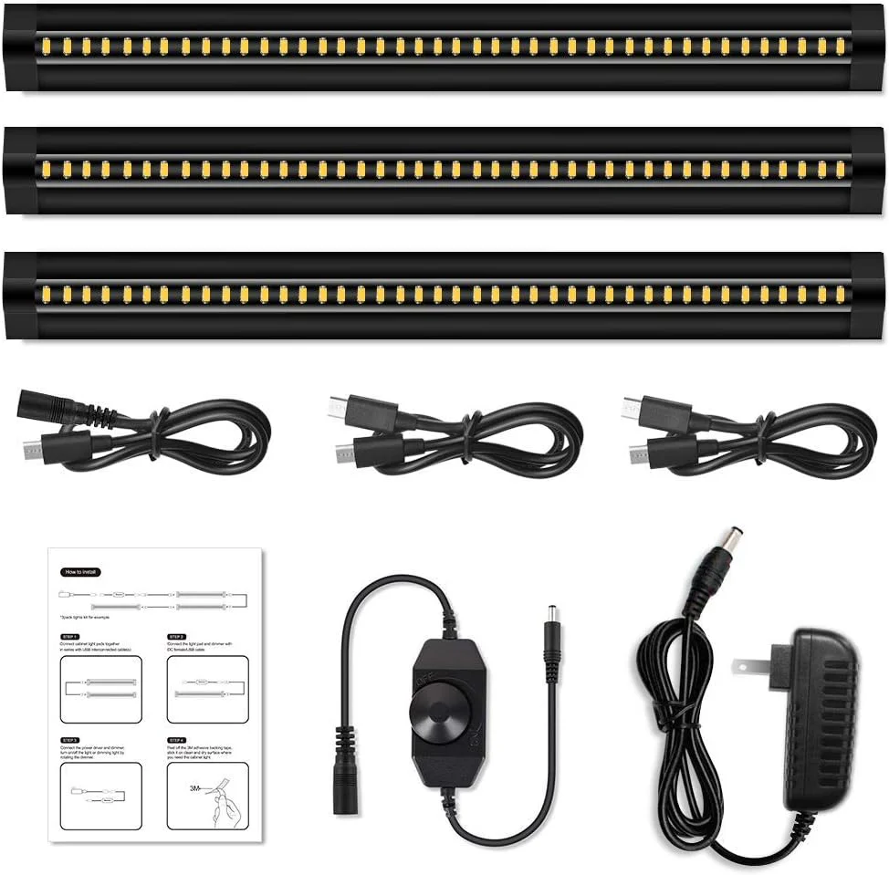 1/2/3 Pack 13 Inch Under Cabinet Light – 12V 5W | Warm / Nature White | Knob Dimmer | Adhesive Mount | Slim Design for Kitchen & Closet – Black Finish - Image 11