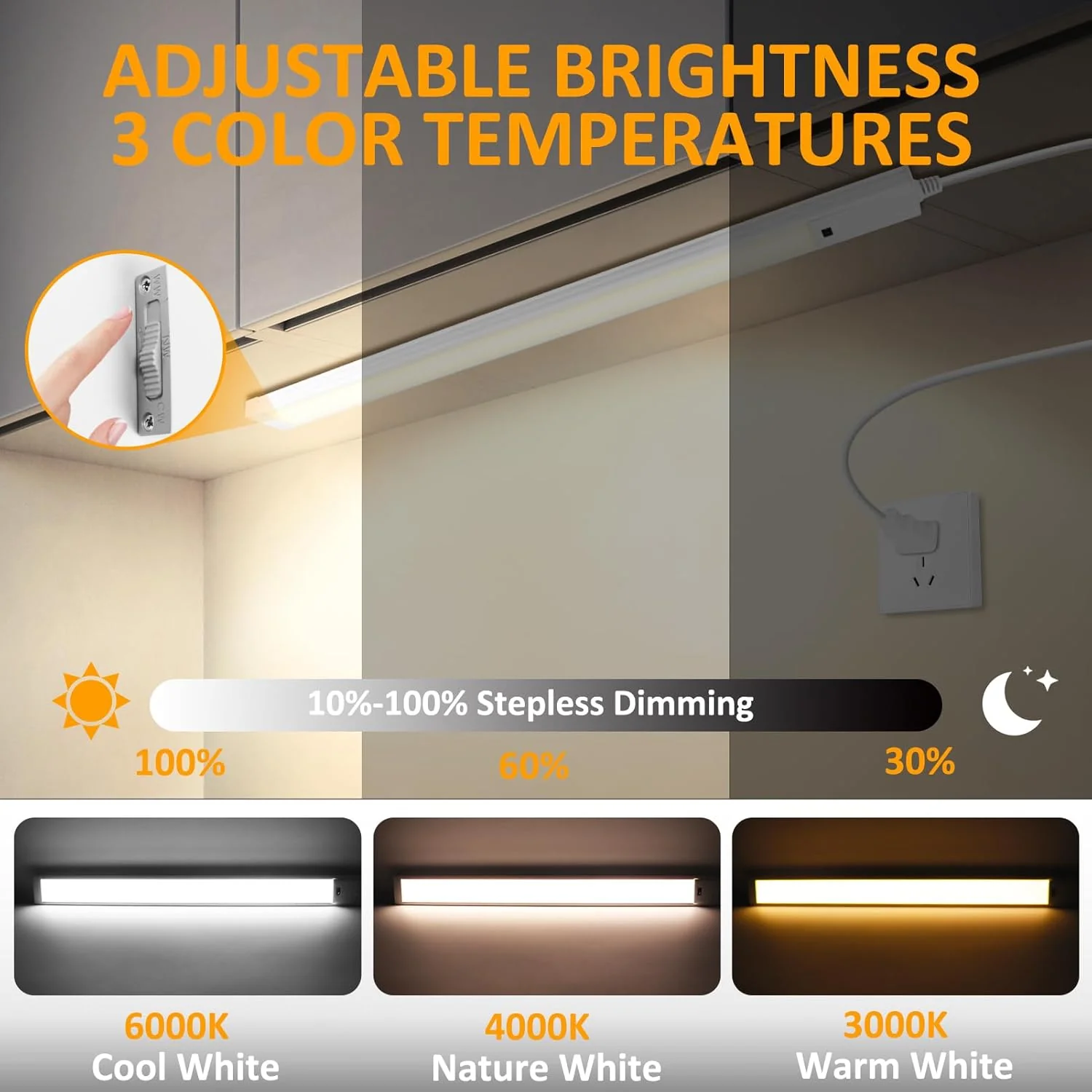 1/2 Pack 16 / 22 Inch Under Cabinet Light – 3CCT (3000K/4000K/6000K) | Hand Wave Sensor | Adhesive Mount | Slim Design for Cabinet & Shelf – White Finish - Image 3