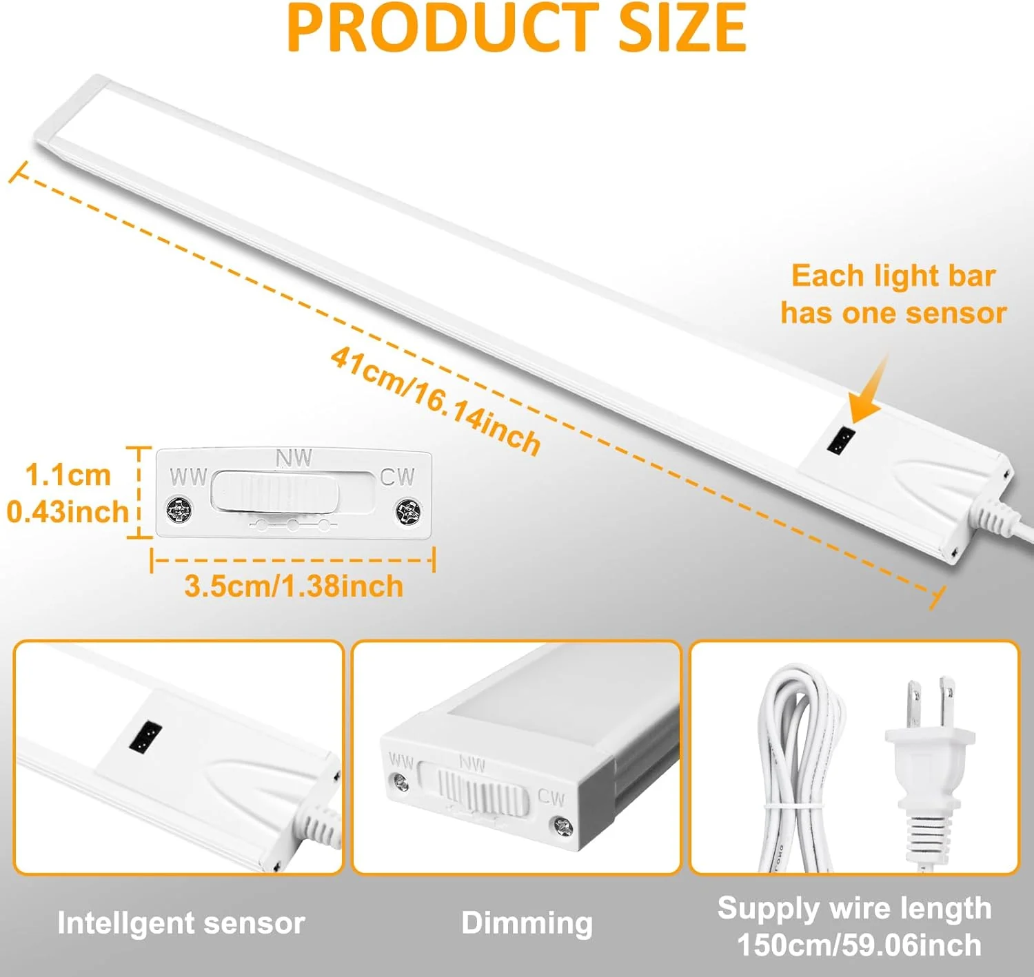 1/2 Pack 16 / 22 Inch Under Cabinet Light – 3CCT (3000K/4000K/6000K) | Hand Wave Sensor | Adhesive Mount | Slim Design for Cabinet & Shelf – White Finish - Image 4