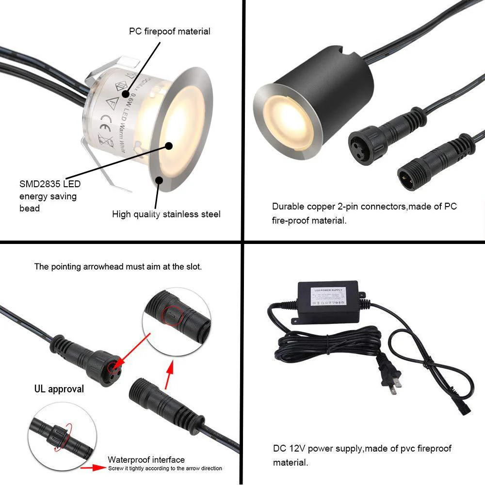 10/16-Pack Recessed LED Deck Lights – 0.6W Each | Warm White / Natural White | AC100–265V Input with Power Adapter | US / EU / UK / AU Plug Options | IP67 Waterproof Inground Step Lights Kit for Deck, Garden, Yard, Stairs & Pathway Lighting - Image 3