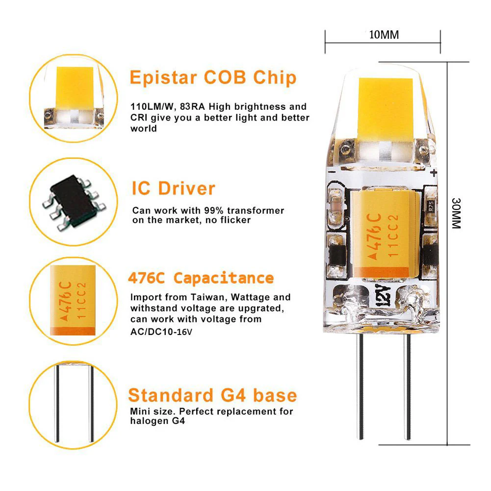10 Pack G4 LED Light Bulb Bi-Pin Silicon Encapsulation 12V 1 W 0705 COB LEDs CRI>80 100-110Lumen 10W Equivalent - Image 4
