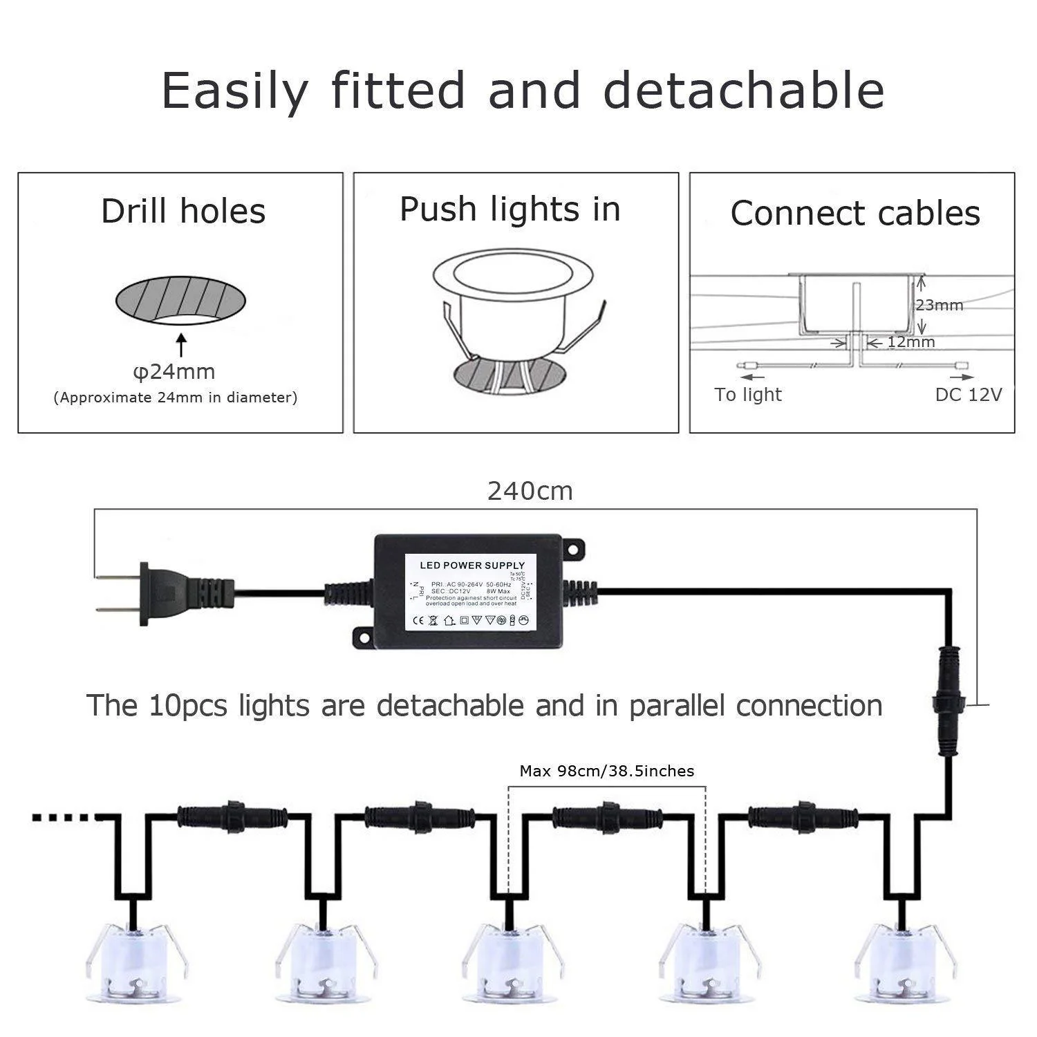10-Pack Recessed LED Deck Lights – 0.6W Each | Warm White / Natural White  | AC100–265V Input with Power Adapter | US / EU / UK / AU Plug Options | IP67 Waterproof Inground Step Lights Kit for Deck, Garden, Yard, Stairs & Pathway Lighting - Image 6