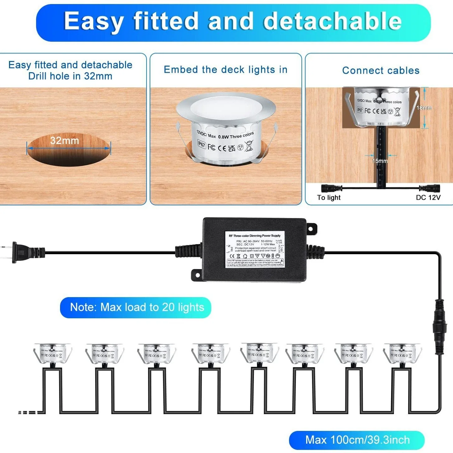 10-Pack Recessed LED Deck Lights – 0.8W Each | 3CCT Selectable 3000K / 4000K / 6000K  | Remote Control Color Temperature Switching | AC100–265V Input with Power Adapter | US / EU / UK / AU Plug Options | IP67 Waterproof Inground Step Lights Kit - Image 2