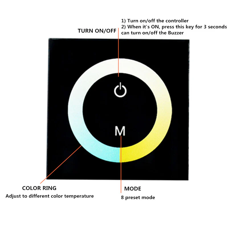 12V-24V DC Wall Panel Touchable Color Ring LED Controller | Dual White Color Temperature Adjustable | For LED Strips - Image 2