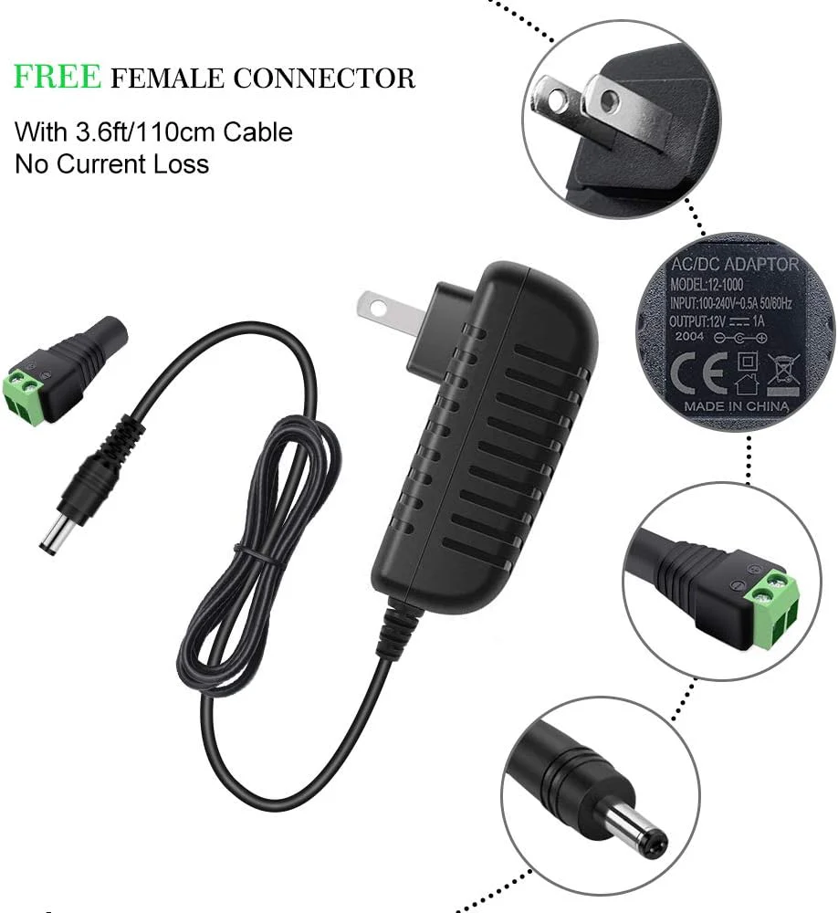 12V Power Supply Adapter 12W/24W, AC 100–240V Input, Wall Plug Transformer, Black Case — US/UK Plug, LED Driver for Strip/CCTV/Electronics - Image 5