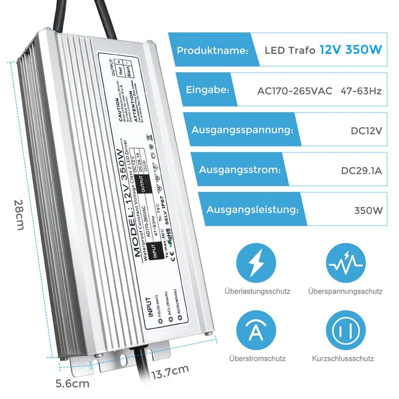 12V Waterproof LED Power Supply, 175–265V Input, 200W–500W, Single/Dual Wire Output, Outdoor LED Driver, CE/RoHS/FCC — UK/EU Plug & Wire Leads Options - Image 12