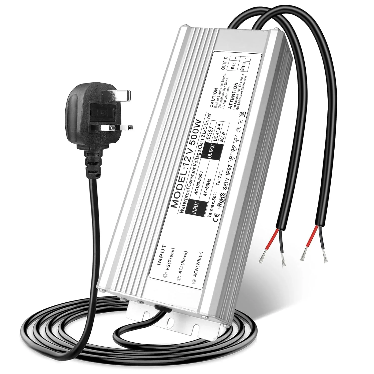 12V Waterproof LED Power Supply, 175–265V Input, 200W–500W, Single/Dual Wire Output, Outdoor LED Driver, CE/RoHS/FCC — UK/EU Plug & Wire Leads Options - Image 13