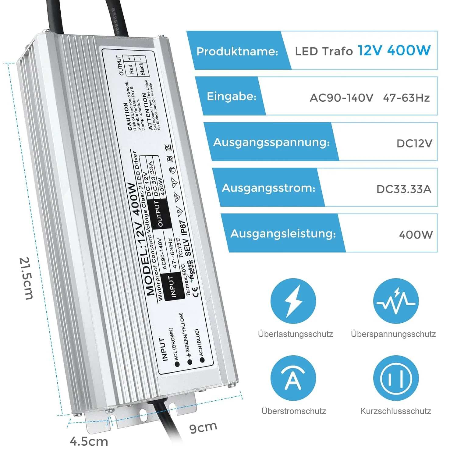 12V Waterproof LED Power Supply, 175–265V Input, 200W–500W, Single/Dual Wire Output, Outdoor LED Driver, CE/RoHS/FCC — UK/EU Plug & Wire Leads Options - Image 14