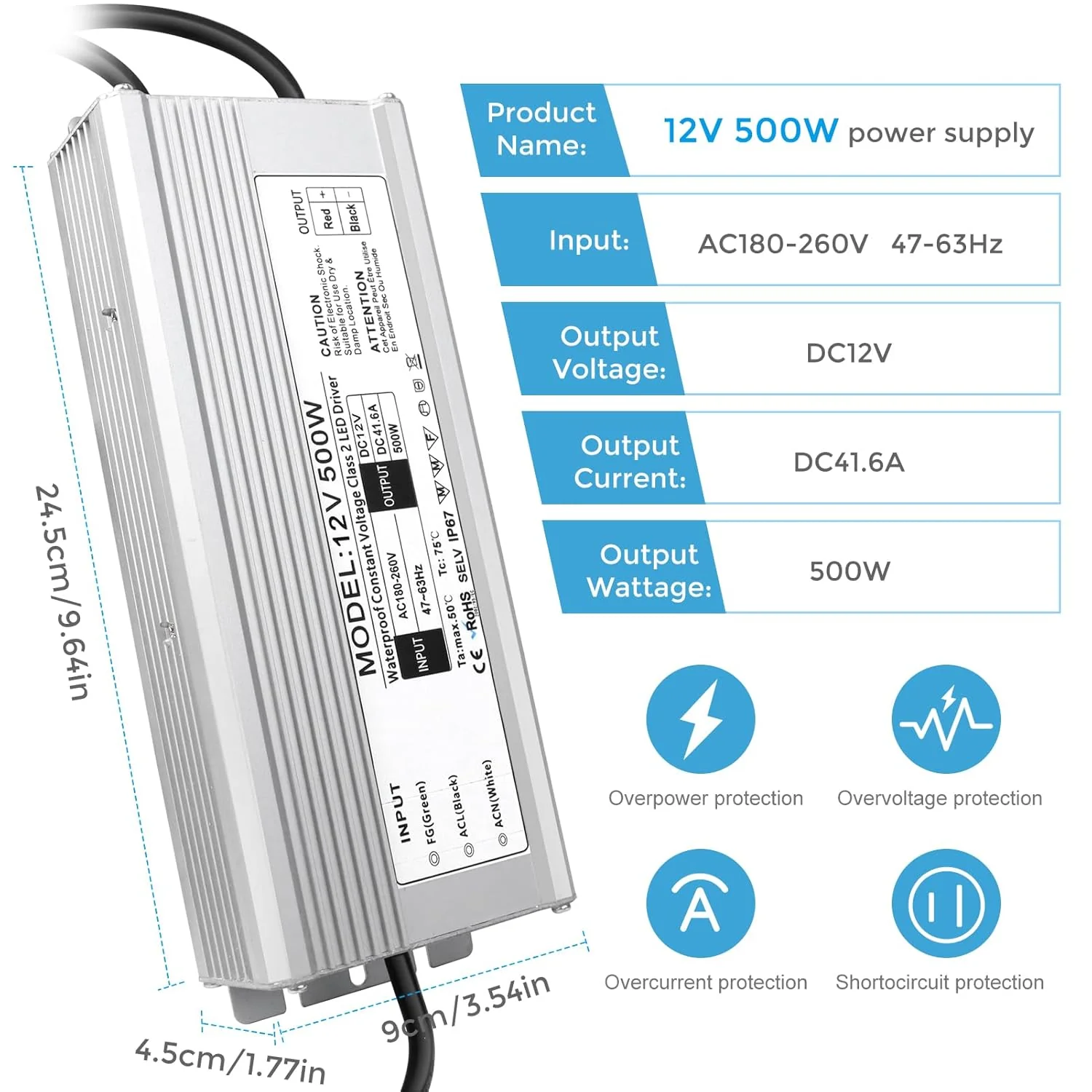 12V Waterproof LED Power Supply, 175–265V Input, 200W–500W, Single/Dual Wire Output, Outdoor LED Driver, CE/RoHS/FCC — UK/EU Plug & Wire Leads Options - Image 16