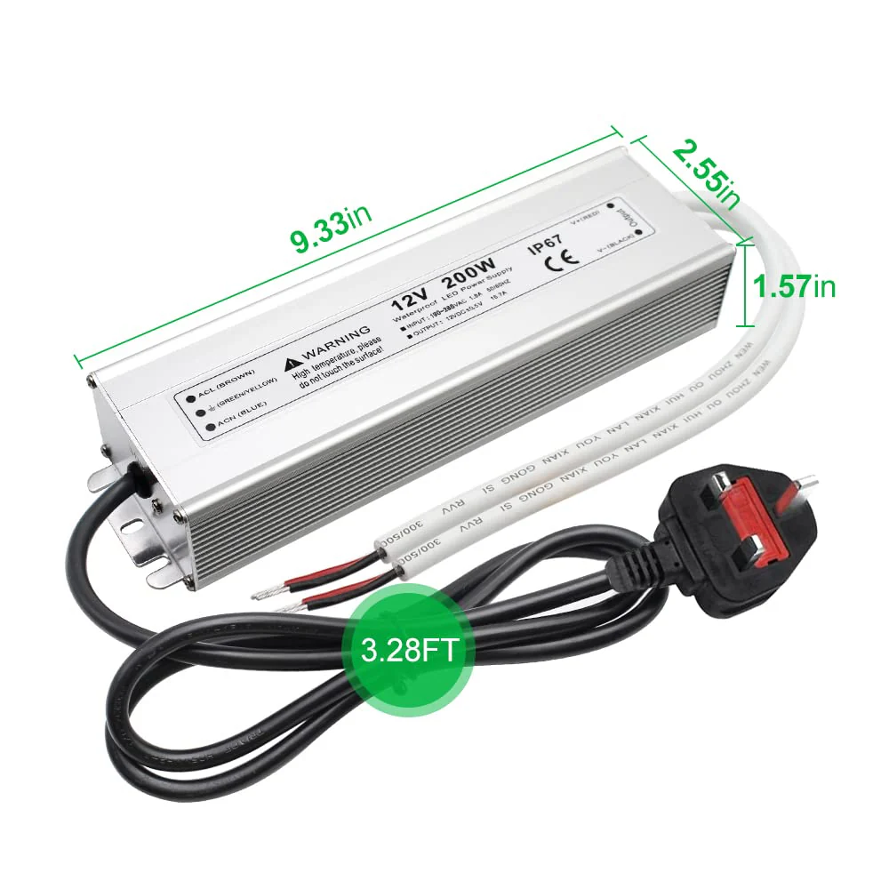 12V Waterproof LED Power Supply, 175–265V Input, 200W–500W, Single/Dual Wire Output, Outdoor LED Driver, CE/RoHS/FCC — UK/EU Plug & Wire Leads Options - Image 3