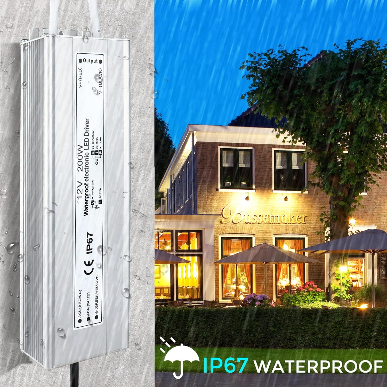12V Waterproof LED Power Supply, 175–265V Input, 200W–500W, Single/Dual Wire Output, Outdoor LED Driver, CE/RoHS/FCC — UK/EU Plug & Wire Leads Options - Image 6