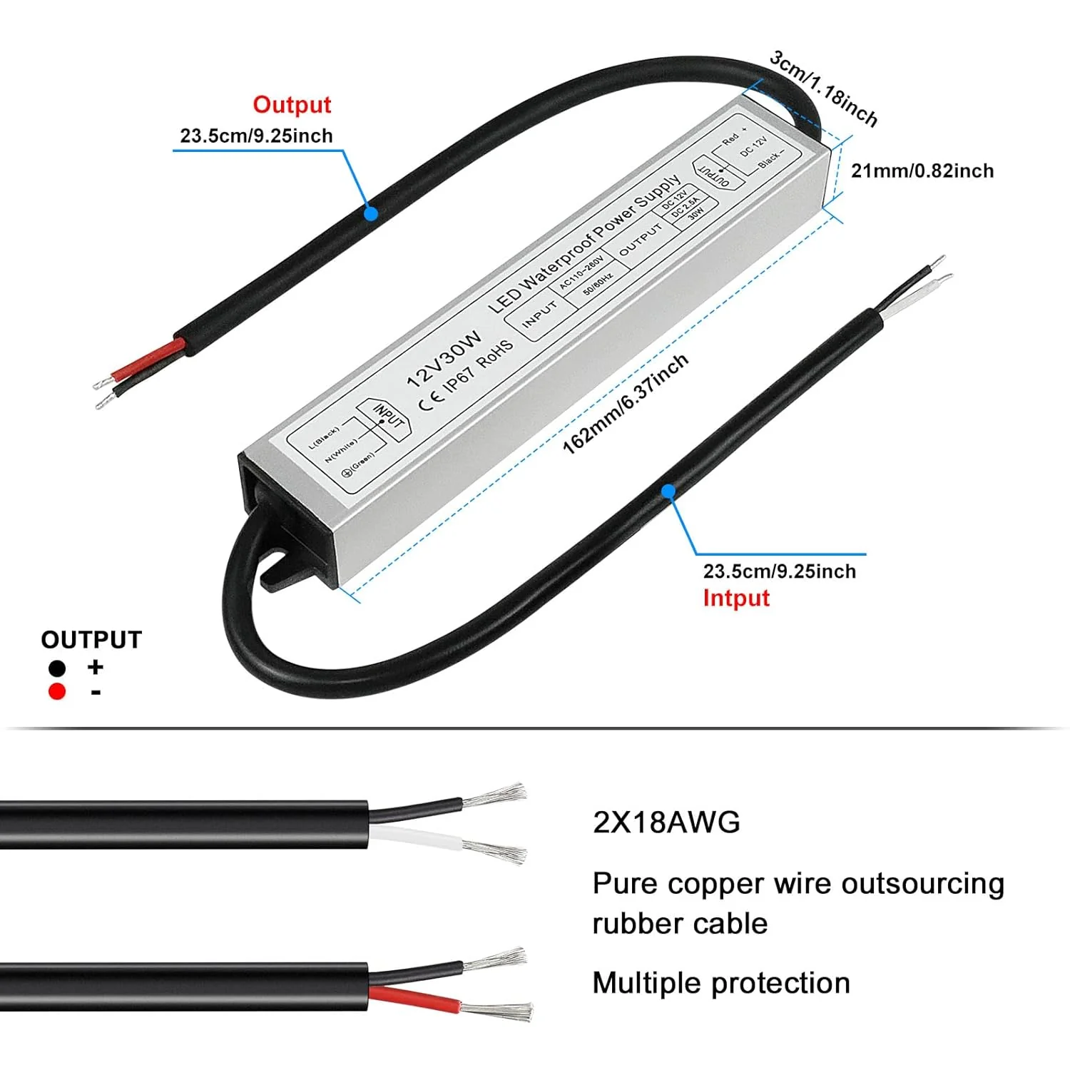 12V Waterproof LED Power Supply 30W–300W, 90–265V Input, Single/Dual Wire Output, Outdoor LED Driver, CE/RoHS/FCC —US/UK/EU Plug & Wire Leads Options - Image 13