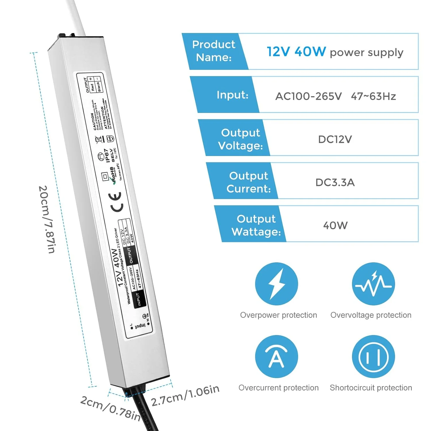 12V Waterproof LED Power Supply 30W–300W, 90–265V Input, Single/Dual Wire Output, Outdoor LED Driver, CE/RoHS/FCC —US/UK/EU Plug & Wire Leads Options - Image 16