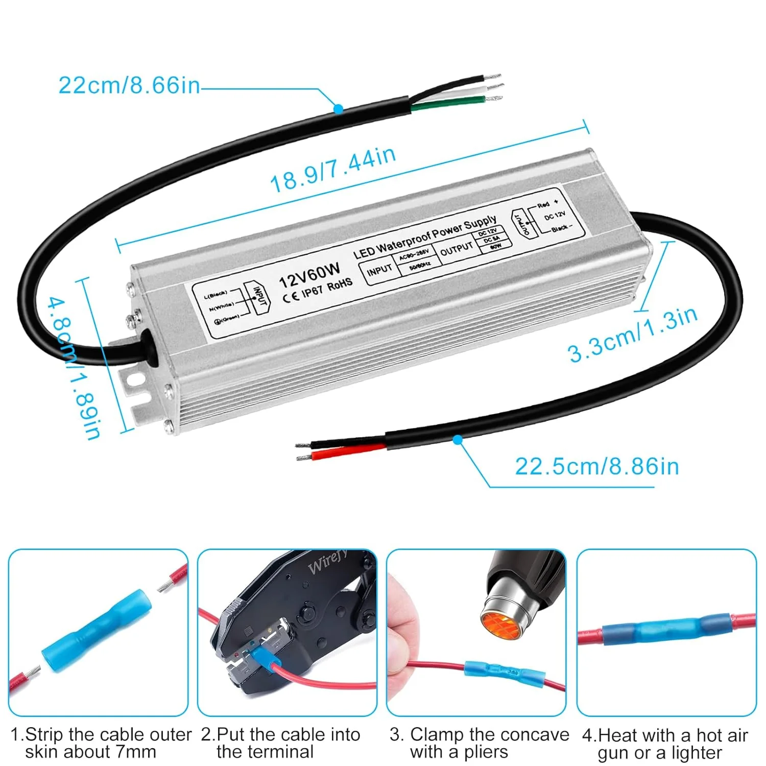 12V Waterproof LED Power Supply 30W–300W, 90–265V Input, Single/Dual Wire Output, Outdoor LED Driver, CE/RoHS/FCC —US/UK/EU Plug & Wire Leads Options - Image 24
