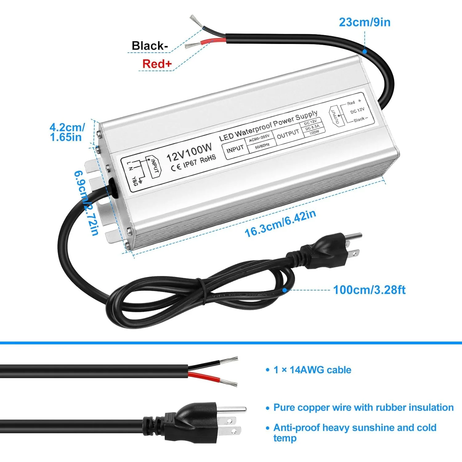 12V Waterproof LED Power Supply 30W–300W, 90–265V Input, Single/Dual Wire Output, Outdoor LED Driver, CE/RoHS/FCC —US/UK/EU Plug & Wire Leads Options - Image 26
