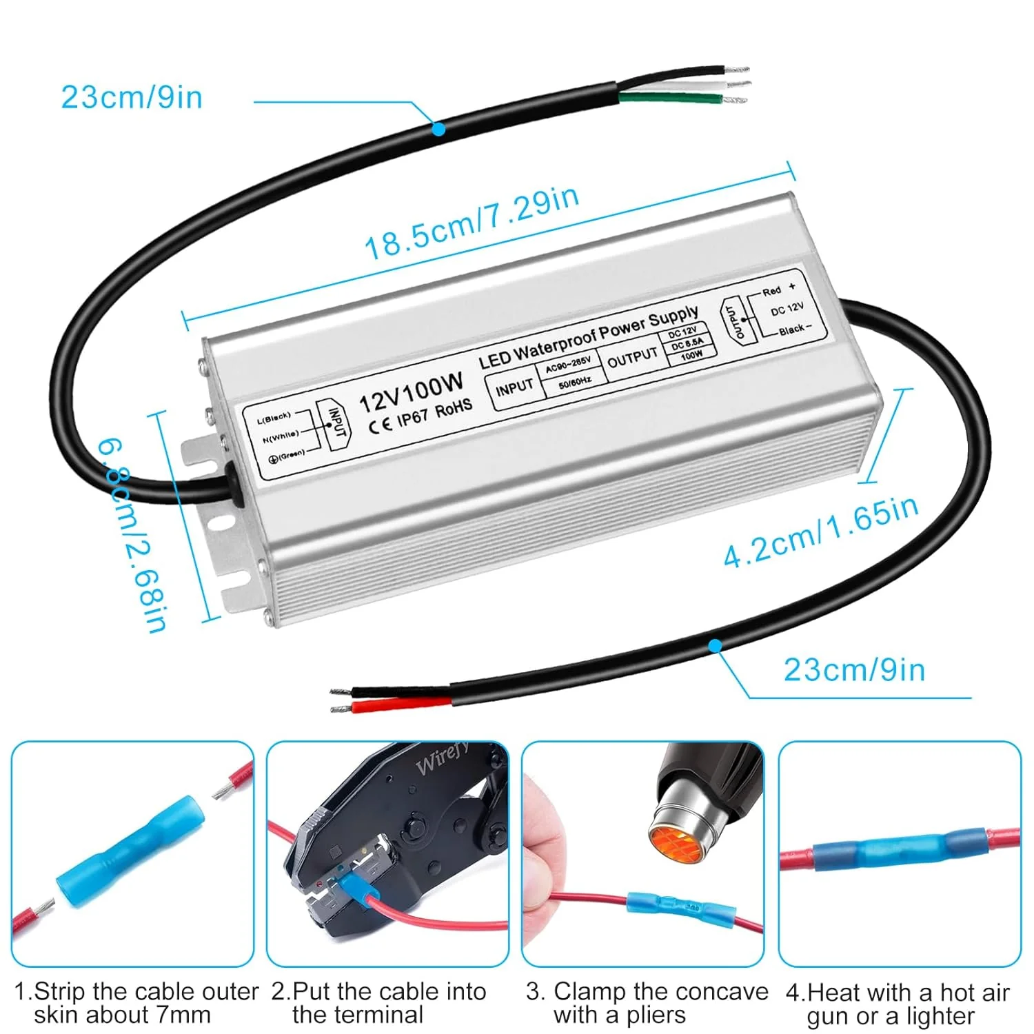 12V Waterproof LED Power Supply 30W–300W, 90–265V Input, Single/Dual Wire Output, Outdoor LED Driver, CE/RoHS/FCC —US/UK/EU Plug & Wire Leads Options - Image 28