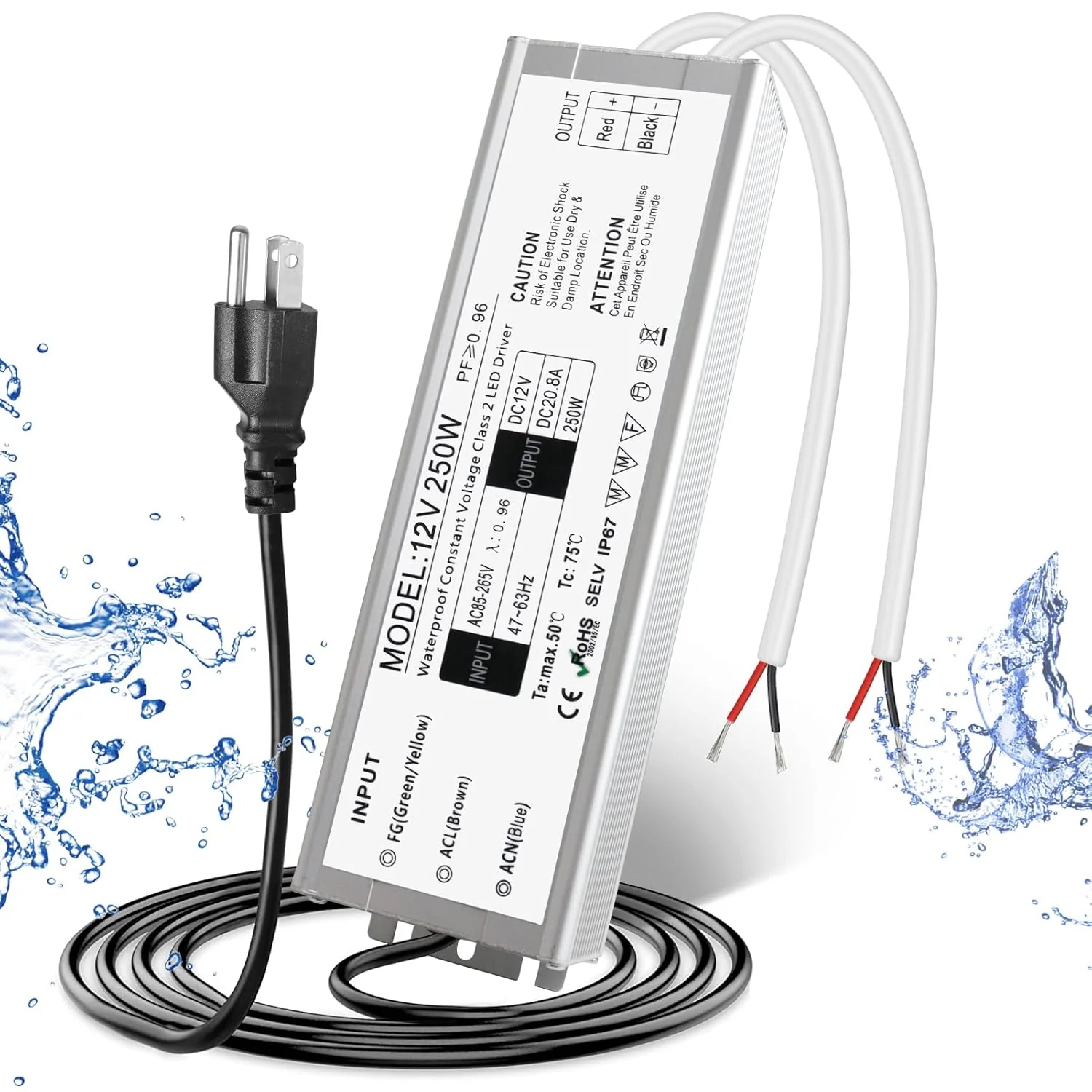 12V Waterproof LED Power Supply 30W–300W, 90–265V Input, Single/Dual Wire Output, Outdoor LED Driver, CE/RoHS/FCC —US/UK/EU Plug & Wire Leads Options - Image 29