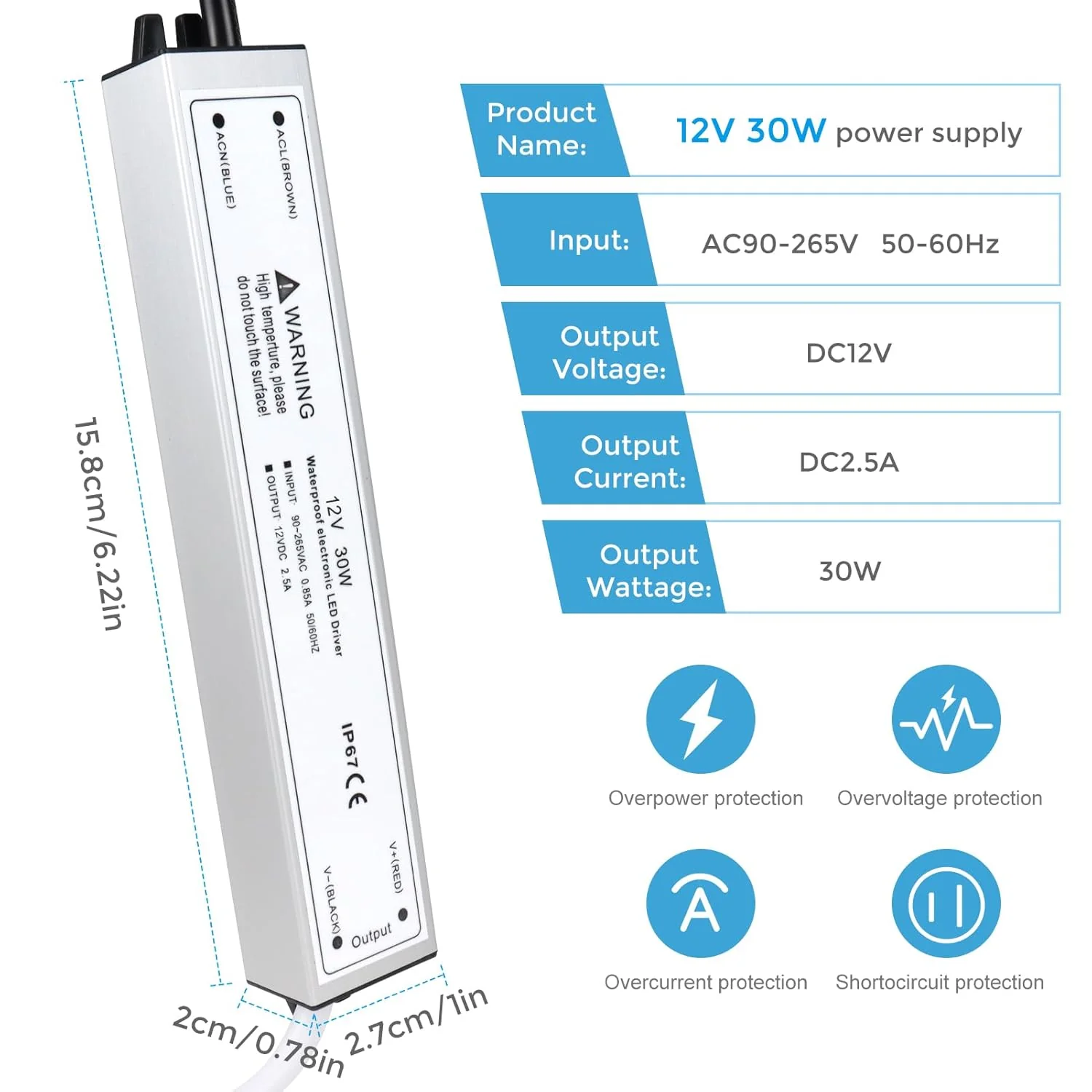 12V Waterproof LED Power Supply 30W–300W, 90–265V Input, Single/Dual Wire Output, Outdoor LED Driver, CE/RoHS/FCC —US/UK/EU Plug & Wire Leads Options - Image 3