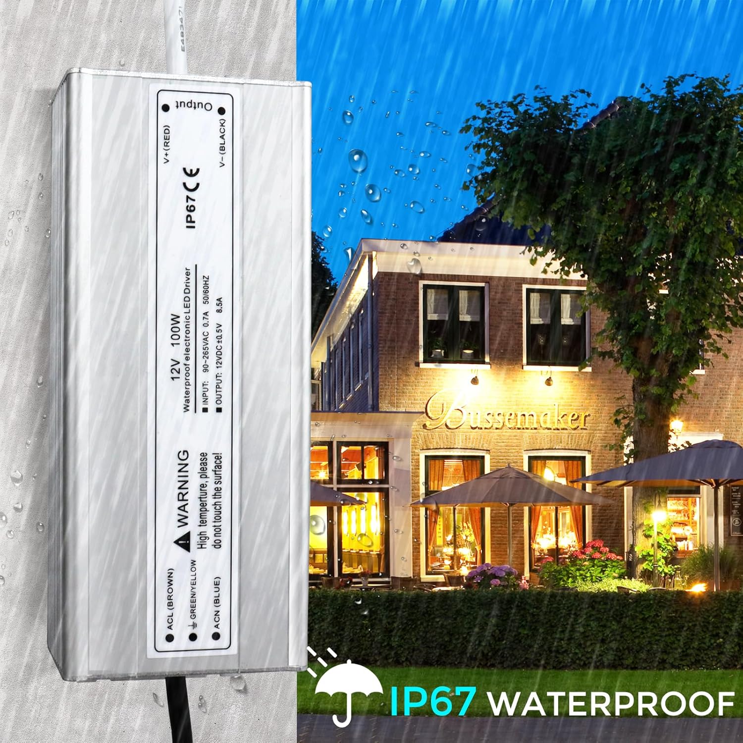 12V Waterproof LED Power Supply 30W–300W, 90–265V Input, Single/Dual Wire Output, Outdoor LED Driver, CE/RoHS/FCC —US/UK/EU Plug & Wire Leads Options - Image 5