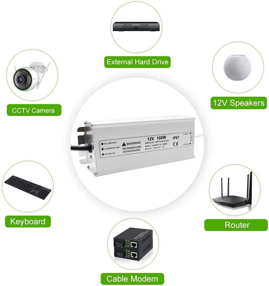 12V Waterproof LED Power Supply 30W–300W, 90–265V Input, Single/Dual Wire Output, Outdoor LED Driver, CE/RoHS/FCC —US/UK/EU Plug & Wire Leads Options - Image 6