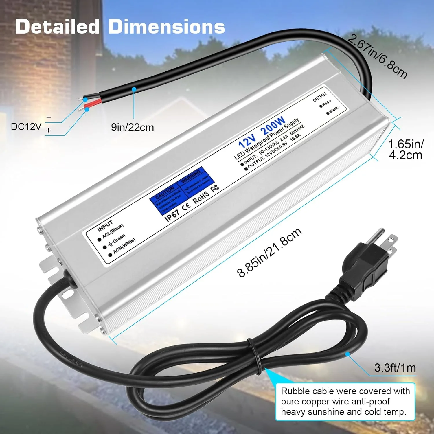 12V Waterproof LED Transformer, 90–140V Input, 200W–500W, Single/Dual Wire Output, CE/RoHS/FCC — US Plug & Wire Leads Options - Image 10