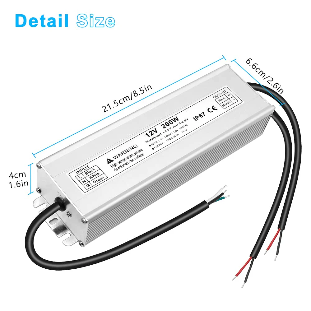 12V Waterproof LED Transformer, 90–140V Input, 200W–500W, Single/Dual Wire Output, CE/RoHS/FCC — US Plug & Wire Leads Options - Image 12
