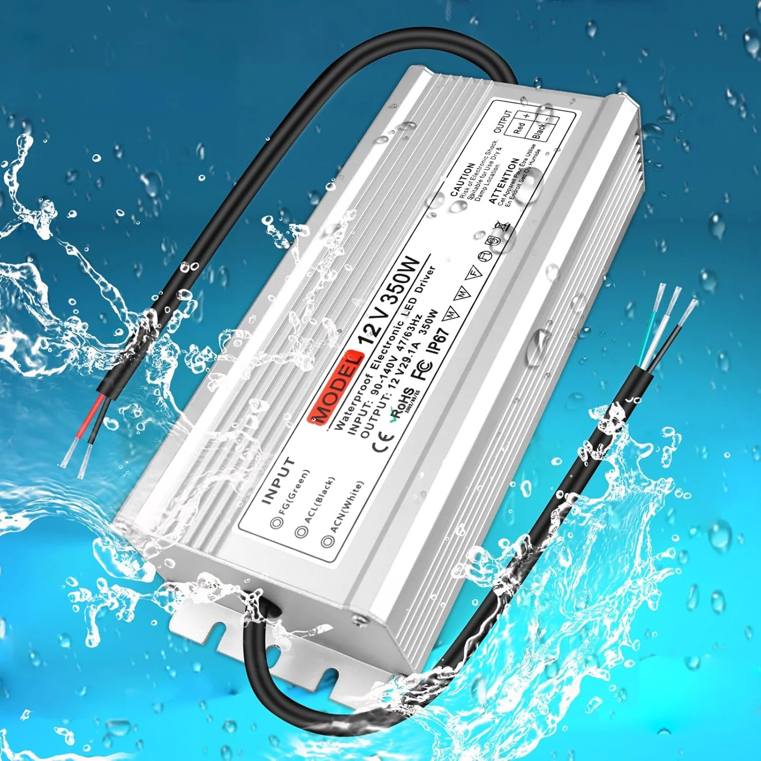 12V Waterproof LED Transformer, 90–140V Input, 200W–500W, Single/Dual Wire Output, CE/RoHS/FCC — US Plug & Wire Leads Options - Image 13