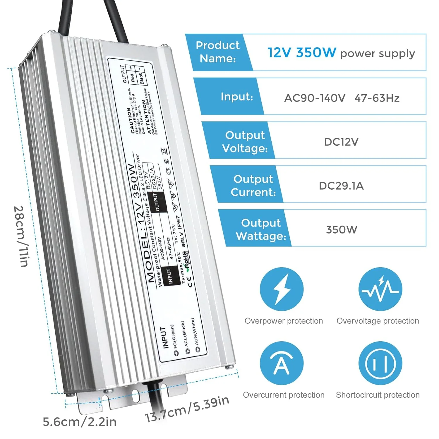 12V Waterproof LED Transformer, 90–140V Input, 200W–500W, Single/Dual Wire Output, CE/RoHS/FCC — US Plug & Wire Leads Options - Image 15
