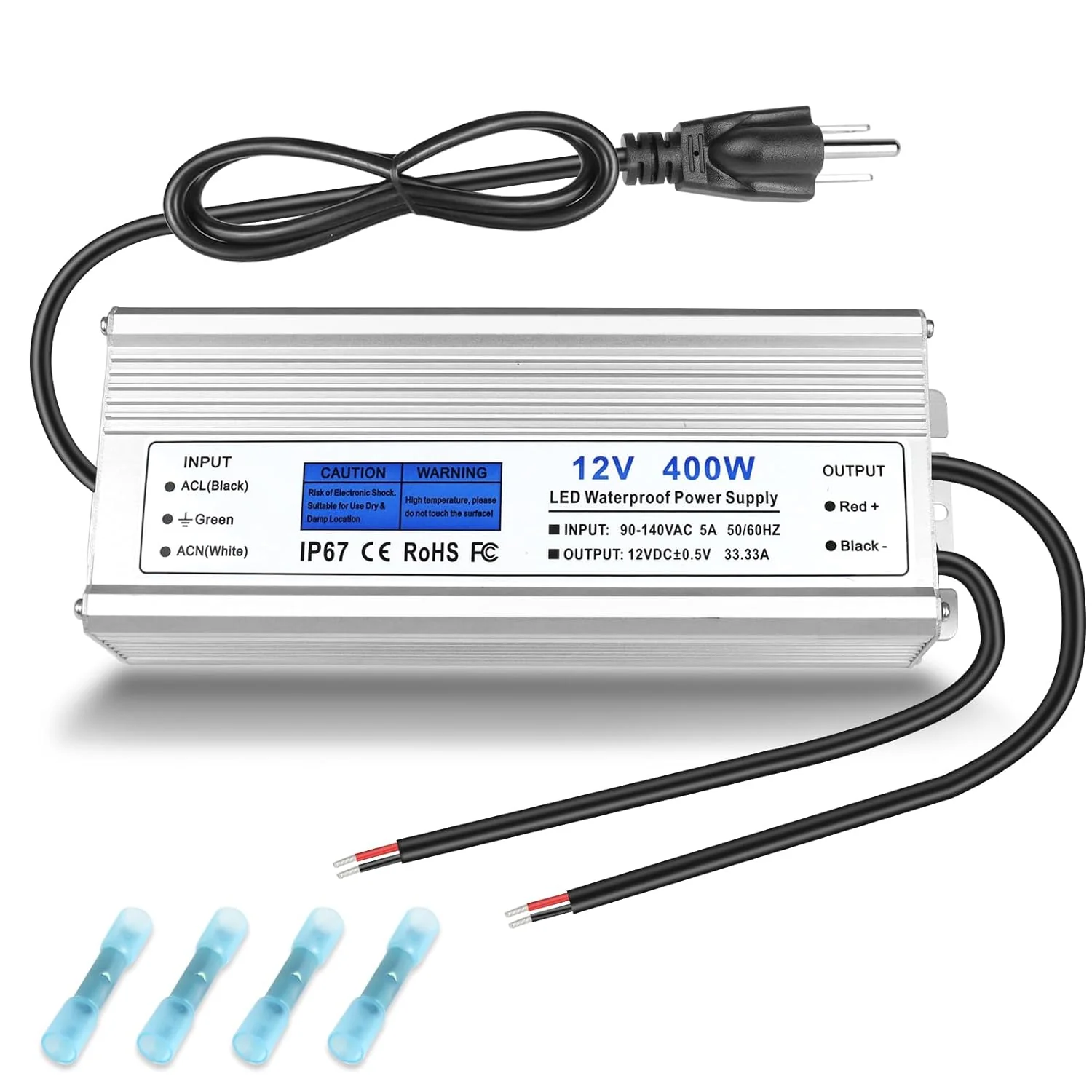 12V Waterproof LED Transformer, 90–140V Input, 200W–500W, Single/Dual Wire Output, CE/RoHS/FCC — US Plug & Wire Leads Options - Image 16