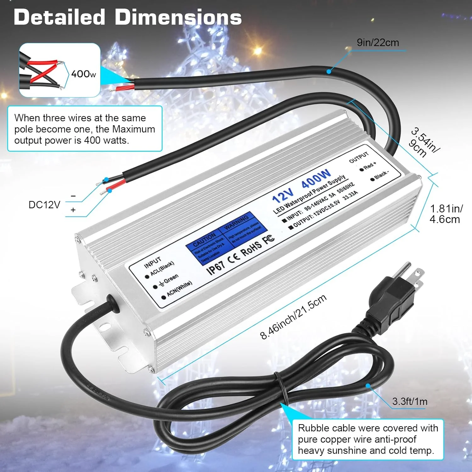 12V Waterproof LED Transformer, 90–140V Input, 200W–500W, Single/Dual Wire Output, CE/RoHS/FCC — US Plug & Wire Leads Options - Image 17