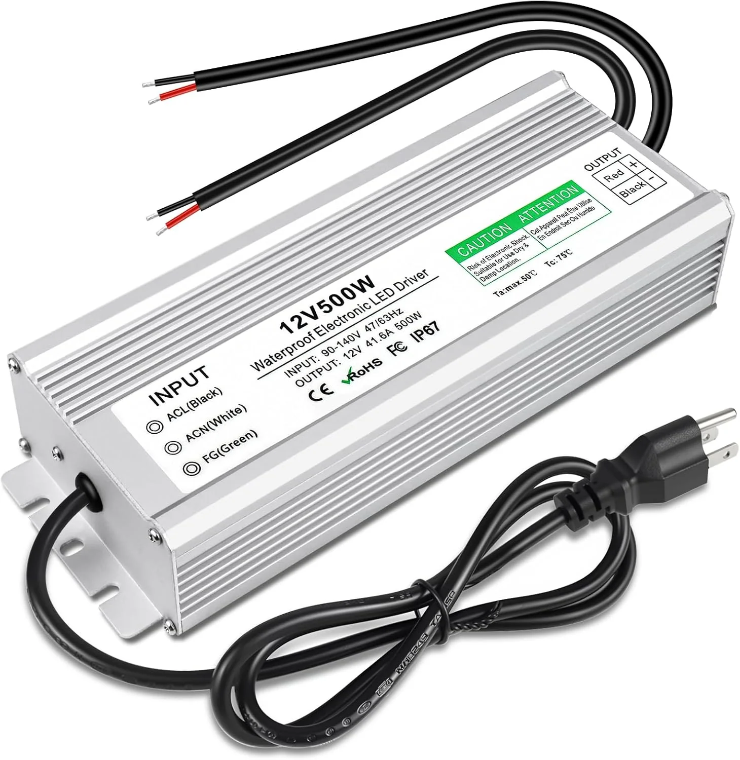 12V Waterproof LED Transformer, 90–140V Input, 200W–500W, Single/Dual Wire Output, CE/RoHS/FCC — US Plug & Wire Leads Options - Image 18