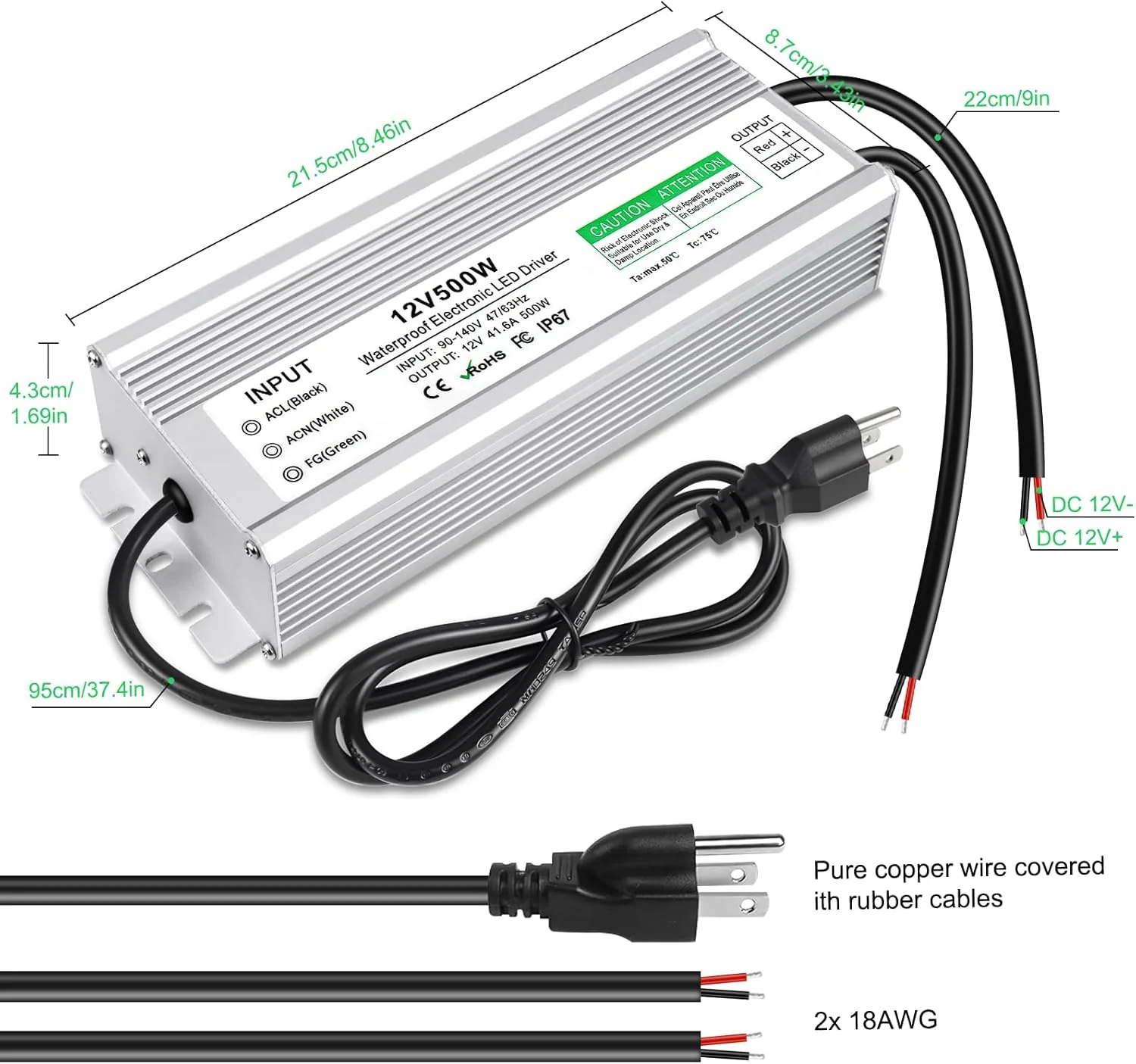 12V Waterproof LED Transformer, 90–140V Input, 200W–500W, Single/Dual Wire Output, CE/RoHS/FCC — US Plug & Wire Leads Options - Image 19