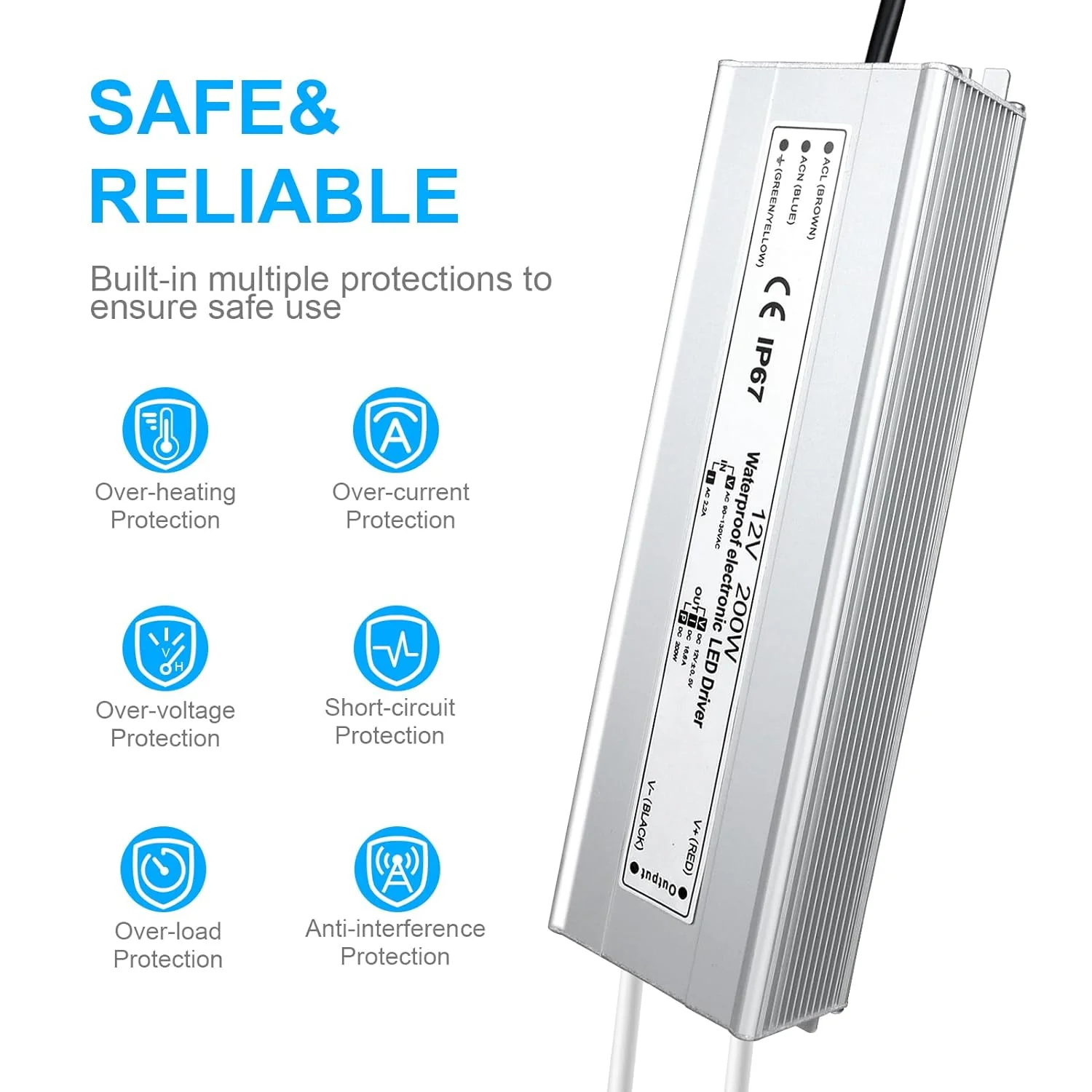 12V Waterproof LED Transformer, 90–140V Input, 200W–500W, Single/Dual Wire Output, CE/RoHS/FCC — US Plug & Wire Leads Options - Image 3
