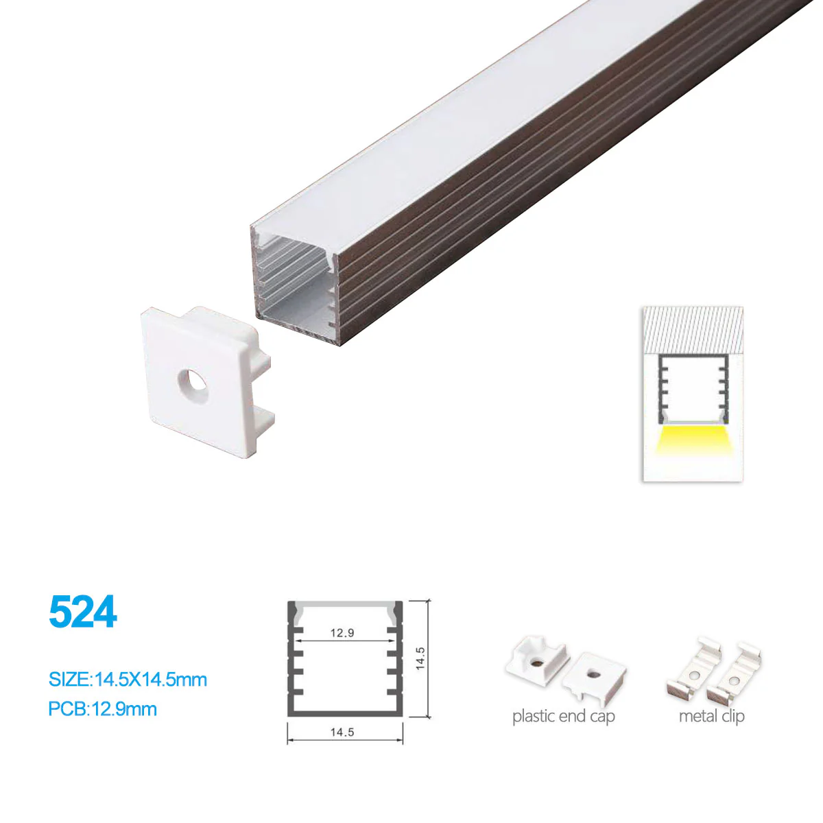 14.5*14.5MM LED Aluminum Profile Kit 524-B – 12.9mm Inner Width | Silver | Milky White Cover | With Installation Accessories | – Aluminum Profile – 1m / 2m / 3m | 50 / 100-Pack
