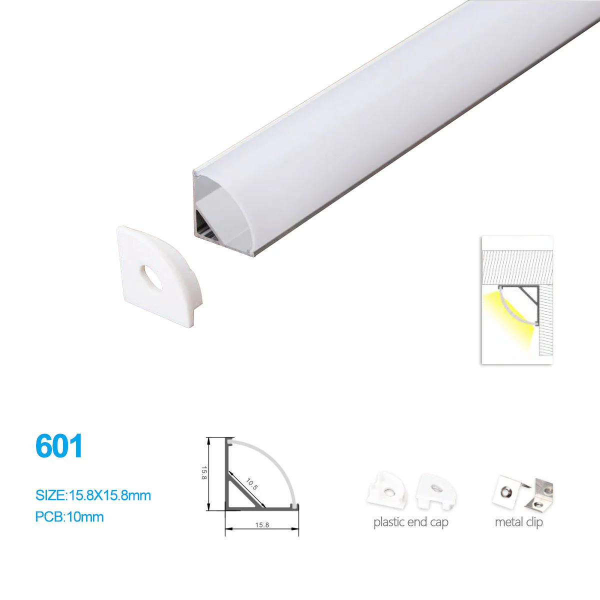 15.8*15.8MM Mini V Shape LED Aluminum Profile Kit 601-B – 10mm Inner Width | Silver | Milky White Cover | With Installation Accessories | – Aluminum Profile – 1m / 2m / 3m | 50 / 100-Pack