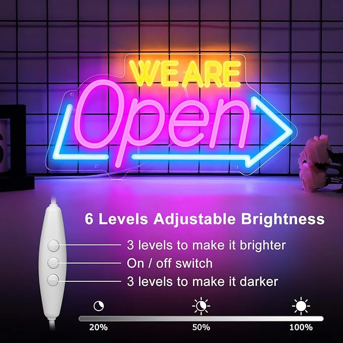 16.1"X 7.8" LED Neon WE ARE Open Sign, Dimmable Open Signs for Business, Bright Blue&Pink&Yellow Neon Open Sign Powered by USB, LED Sign for Coffee Shop Bar Salon Restaurant Pubs - Image 3