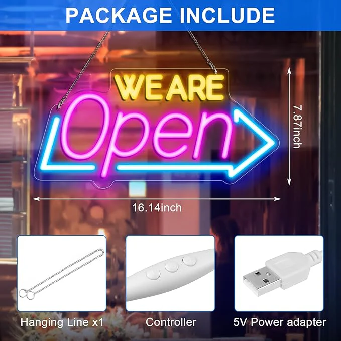 16.1"X 7.8" LED Neon WE ARE Open Sign, Dimmable Open Signs for Business, Bright Blue&Pink&Yellow Neon Open Sign Powered by USB, LED Sign for Coffee Shop Bar Salon Restaurant Pubs - Image 4