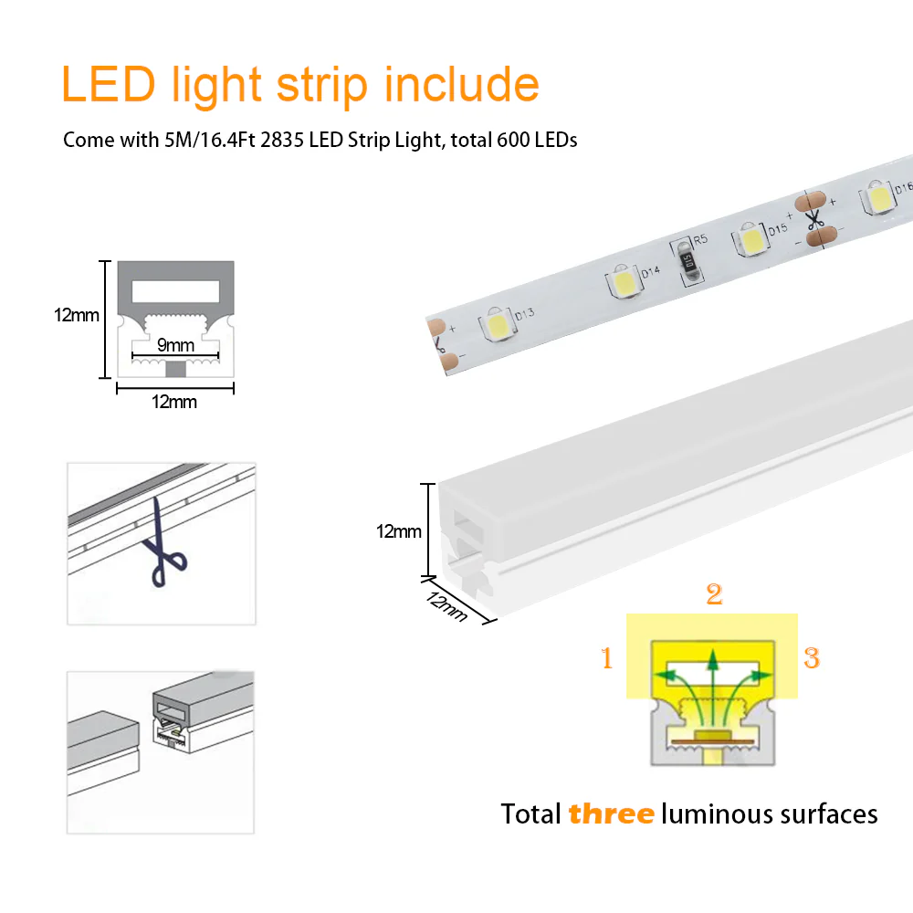 16.5ft/5M DC12V T1212 Silicone Waterproof Neon Flexible Strip LED Lights with 600LED SMD3528 LED - Image 3