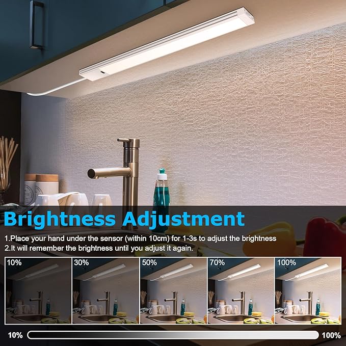 16 Inch Hand Wave Under Cabinet Lights, Ultra Bright 3000K/4000K/6000K Under Counter Lighting, Plug and Play, Dimmable LED Under Cabinet Lighting for Kitchen Cabinet, Cupboard, Closet, Desk (2 Pack) - Image 4