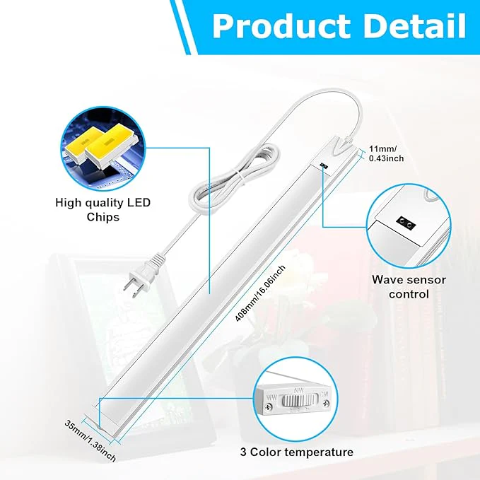 16 Inch Hand Wave Under Cabinet Lights, Ultra Bright 3000K/4000K/6000K Under Counter Lighting, Plug and Play, Dimmable LED Under Cabinet Lighting for Kitchen Cabinet, Cupboard, Closet, Desk (2 Pack) - Image 6