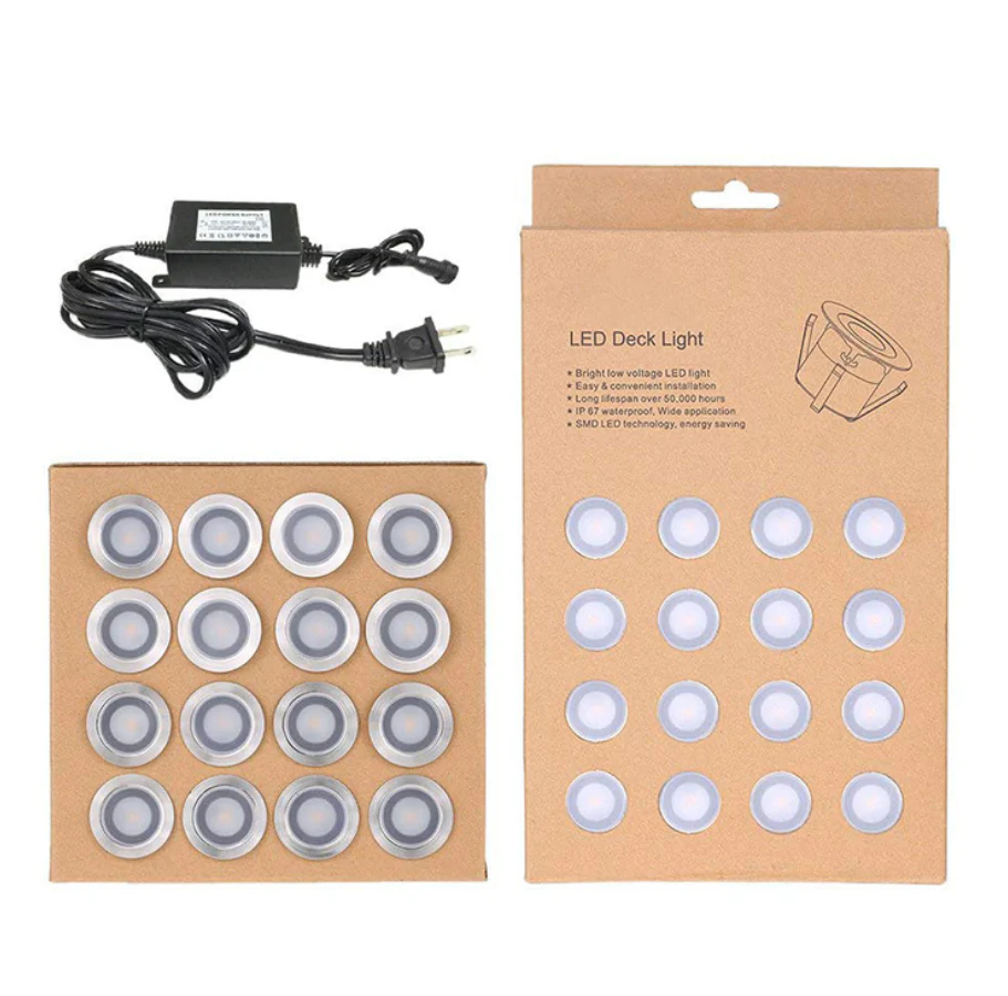 16-Pack Recessed LED Deck Lights – 0.6W Each | Warm White / Natural White  | AC100–265V Input with Power Adapter | US / EU / UK / AU Plug Options | IP67 Waterproof Inground Step Lights Kit for Deck, Garden, Yard, Stairs & Pathway Lighting - Image 6