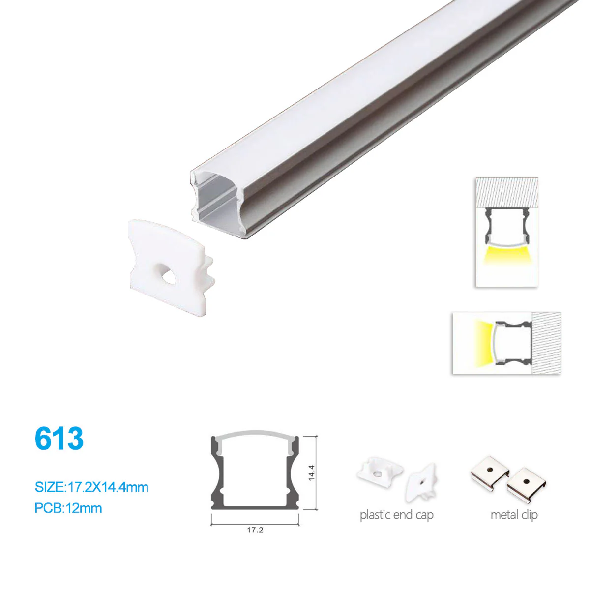 17.2*14.4MM Mini Square trimless Surface Mounting LED Aluminum Profile Kit 613-B – 10mm Inner Width | Silver | Milky White Cover | With Installation Accessories | – Aluminum Profile – 1m / 2m / 3m | 50 / 100-Pack