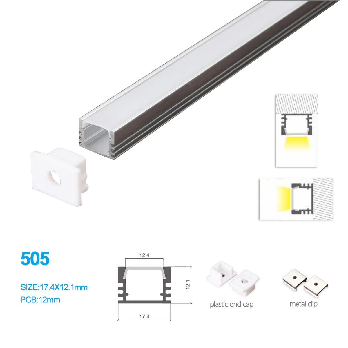 17.4MM*12.1MM LED Aluminum Profile Kit 505-B – 12mm Inner Width | Silver | Milky White Cover | With Installation Accessories | – Aluminum Profile – 1m / 2m / 3m | 50 / 100-Pack