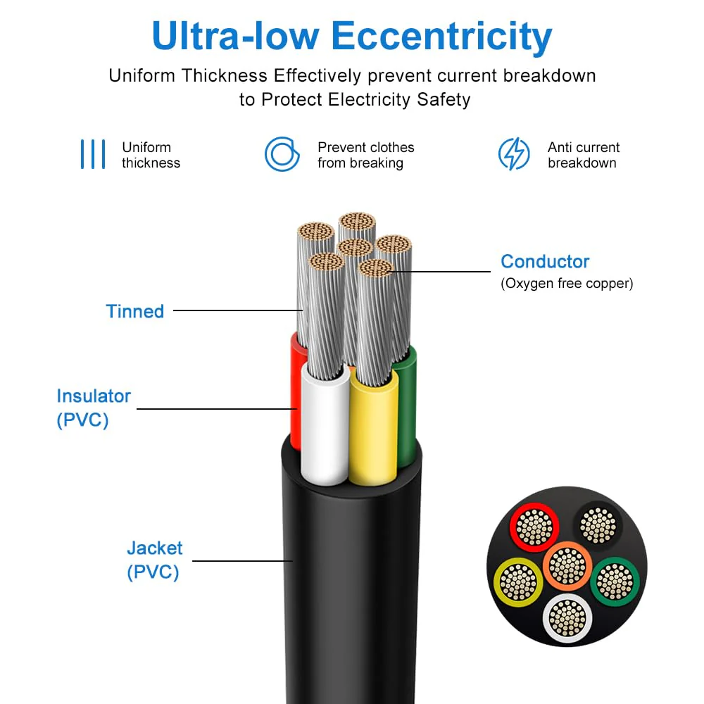 18 AWG Electrical Wire, 6/7/8 Conductor Stranded Tinned Copper Multi-Core Cable, Black/White PVC Flexible Control Extension Cord — 10/20/50m (33ft–165ft) Options - Image 10
