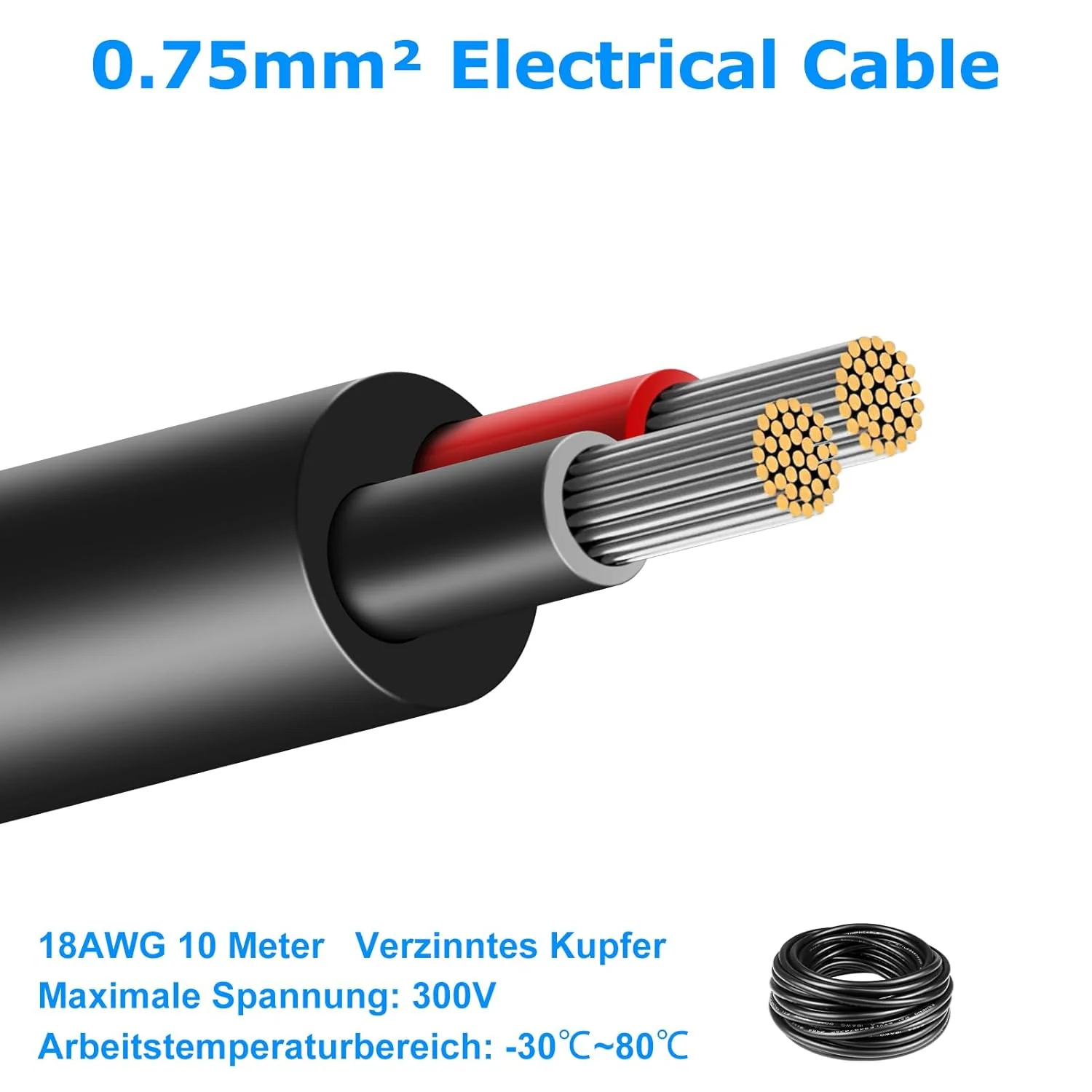 18 AWG Multi-Conductor Cable, 2/3/4/5 Core Stranded Tinned Copper Wire, Black/White PVC Jacket Extension Cord for Electrical Installations, 10/20/50m (33ft–165ft) Options - Image 3