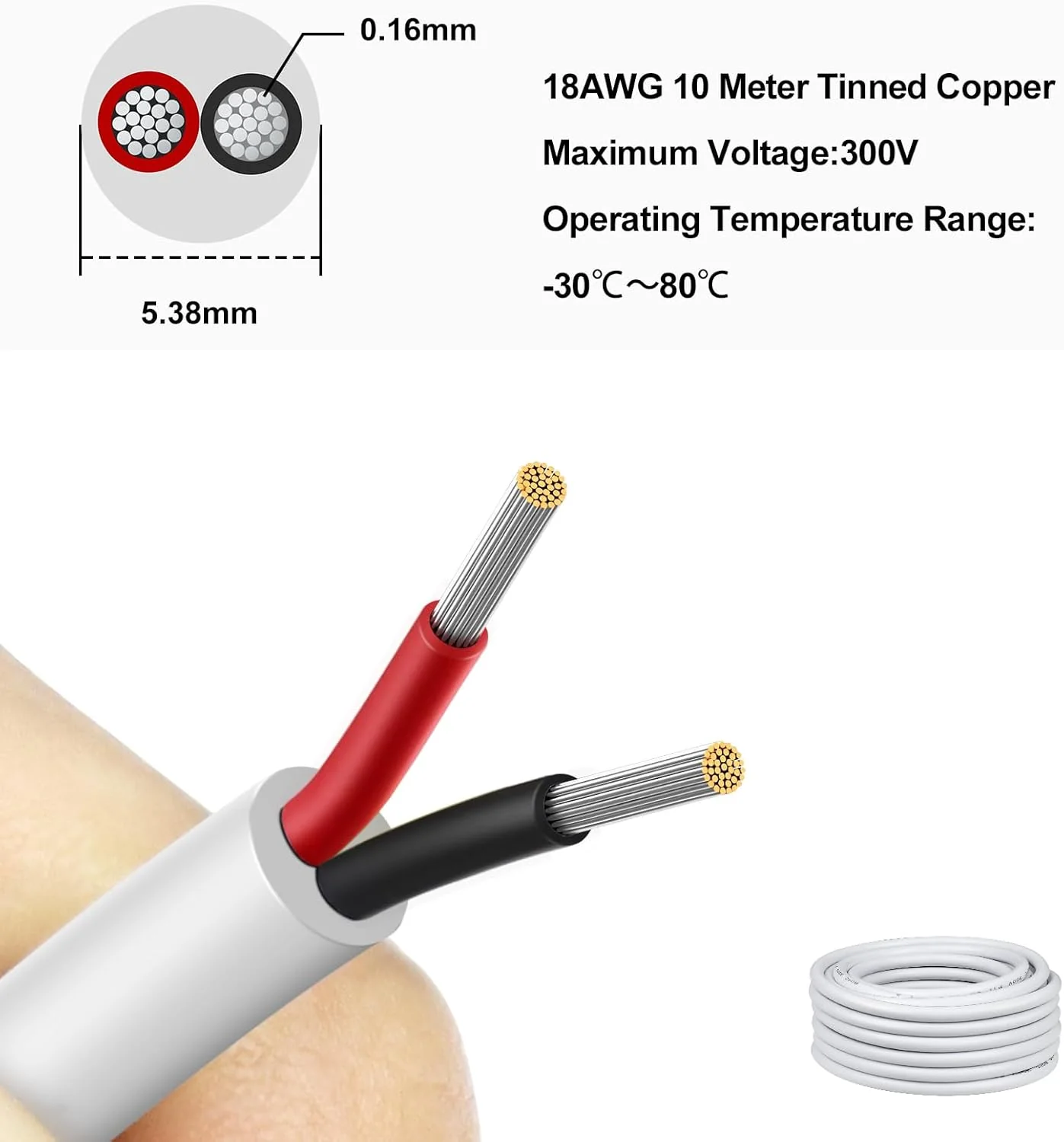 18 AWG Multi-Conductor Cable, 2/3/4/5 Core Stranded Tinned Copper Wire, Black/White PVC Jacket Extension Cord for Electrical Installations, 10/20/50m (33ft–165ft) Options - Image 9