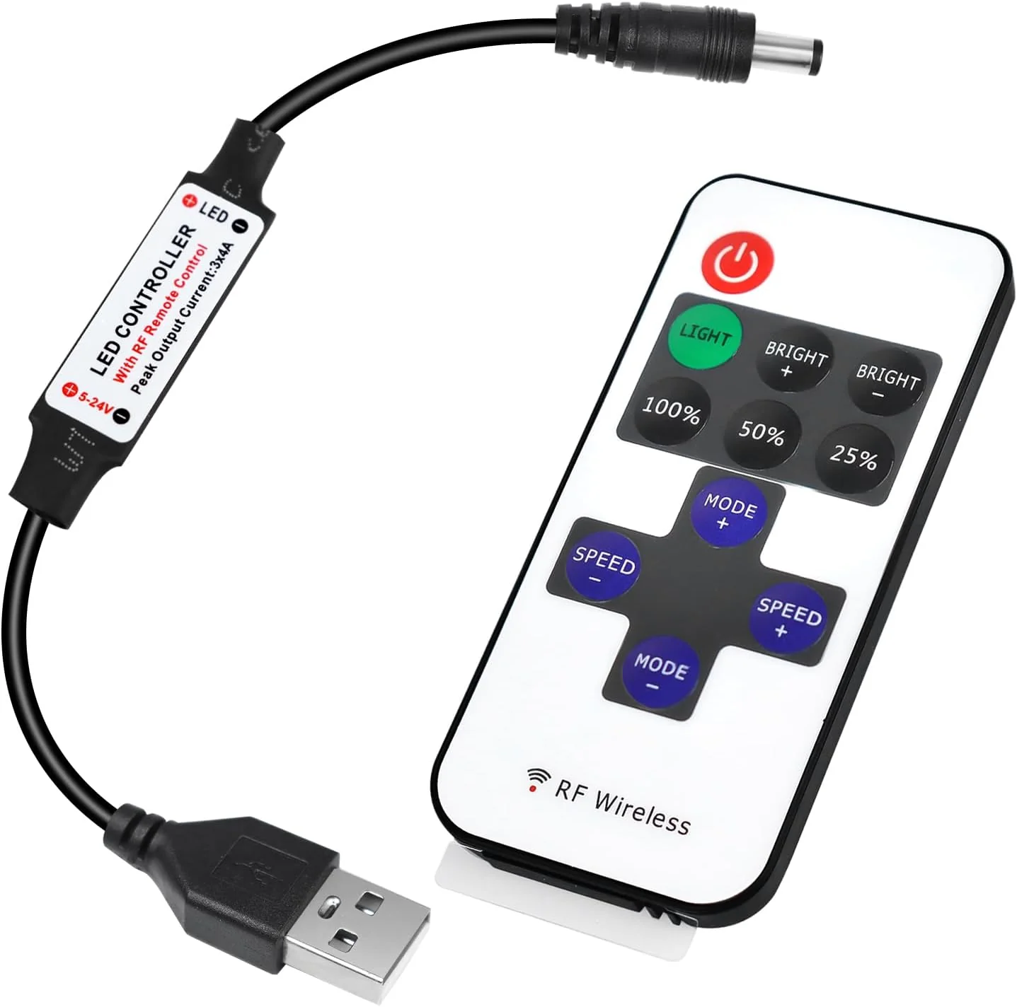 LED Strip Controller – 5V/24V – Black RF Remote with Dimmer Function | For Single Color 5050/3528 Strips - Image 3