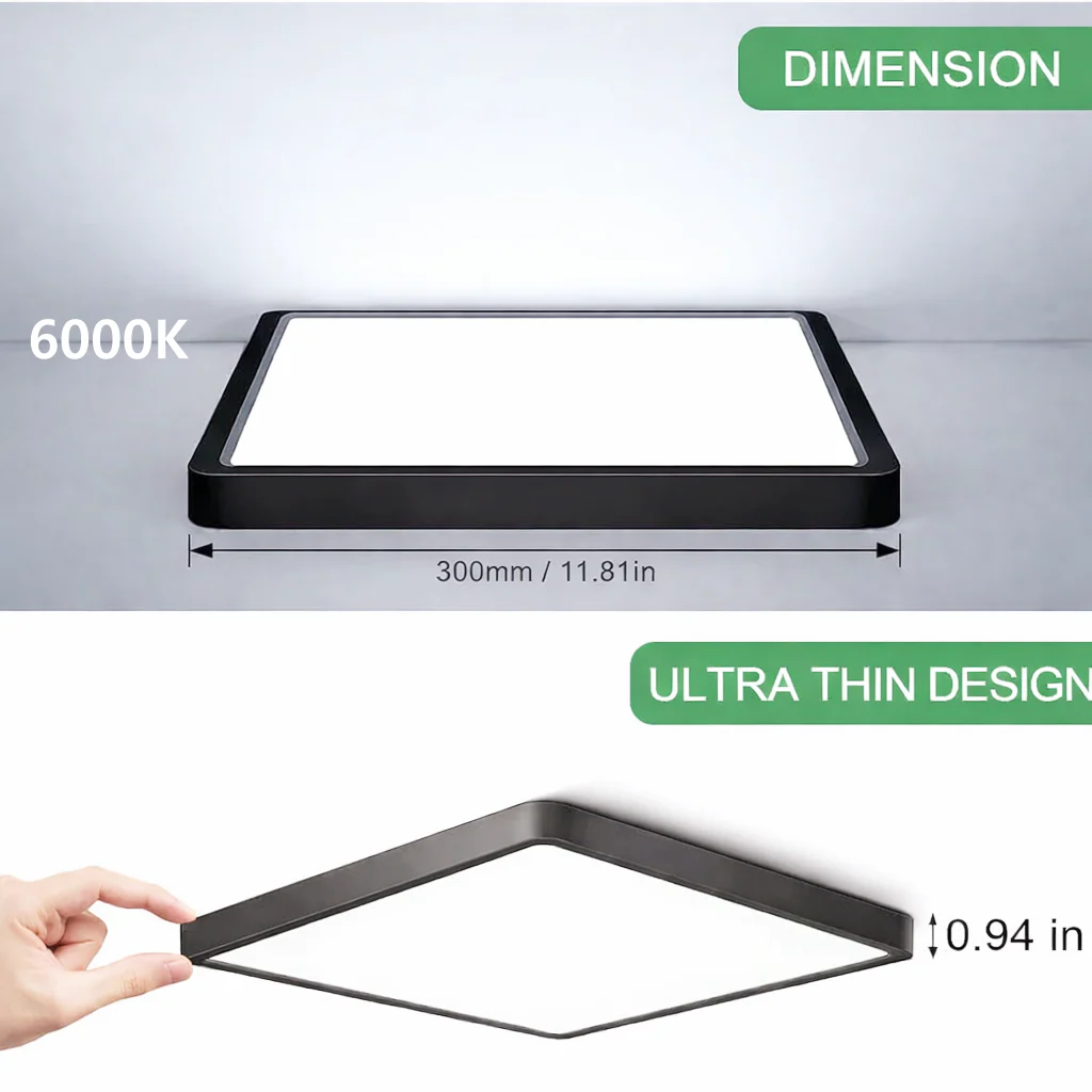 12.0 Inch Square LED Ceiling Light – 24W – Black – 3000K / 4500K / 5000K / 6500K – Flush Mount Ceiling Light – Local Stock (US/UK/DE) - Image 10