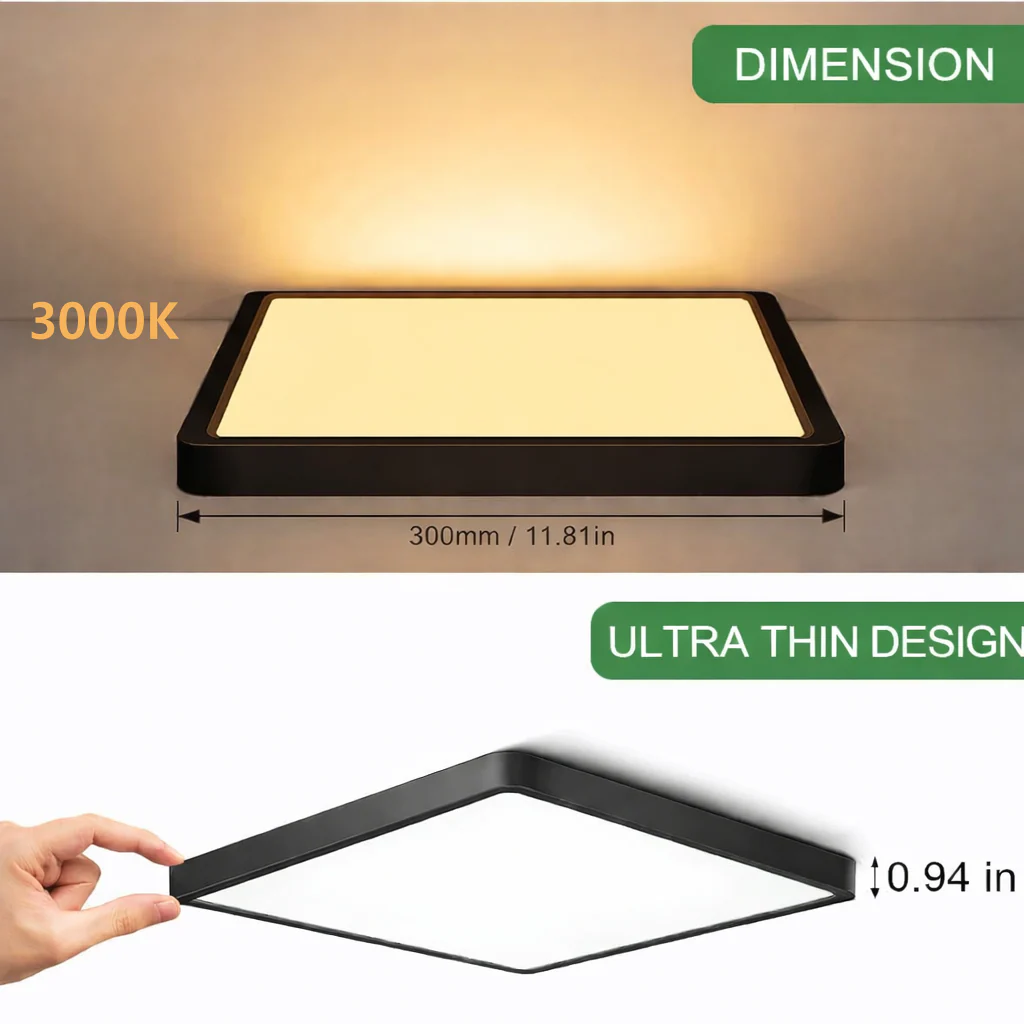 12.0 Inch Square LED Ceiling Light – 24W – Black – 3000K / 4500K / 5000K / 6500K – Flush Mount Ceiling Light – Local Stock (US/UK/DE) - Image 7