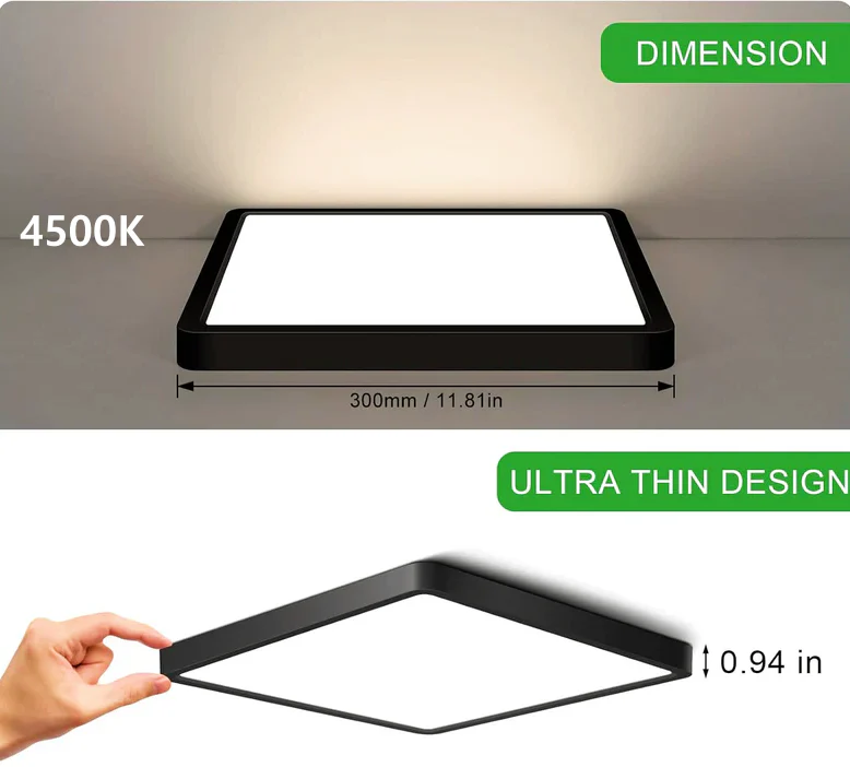 12.0 Inch Square LED Ceiling Light – 24W – Black – 3000K / 4500K / 5000K / 6500K – Flush Mount Ceiling Light – Local Stock (US/UK/DE) - Image 8